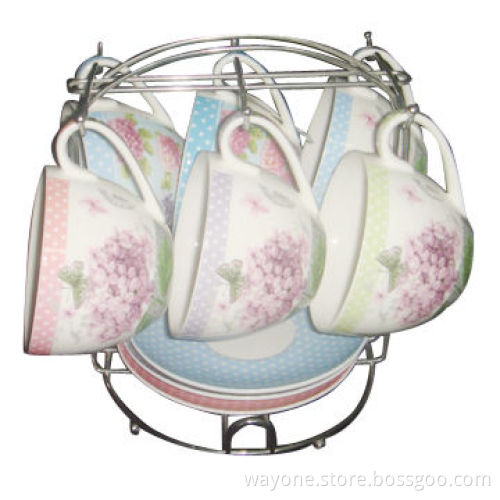 220cc Tea Cup and Saucer Set with Metal Stand, 12pcs Tea Set, for Gifts and Promotional Purposes